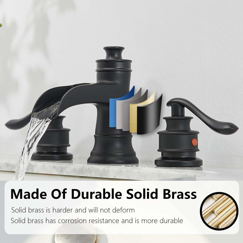 BATHLAVISH Black Widespread Bathroom Faucet, Bathroom Sink Faucet 3 Hole, Waterfall Spout Farmhouse 2 Handle 8 Inch Lavatory Vanity with Pop Up Drain with Overflow - Image 3
